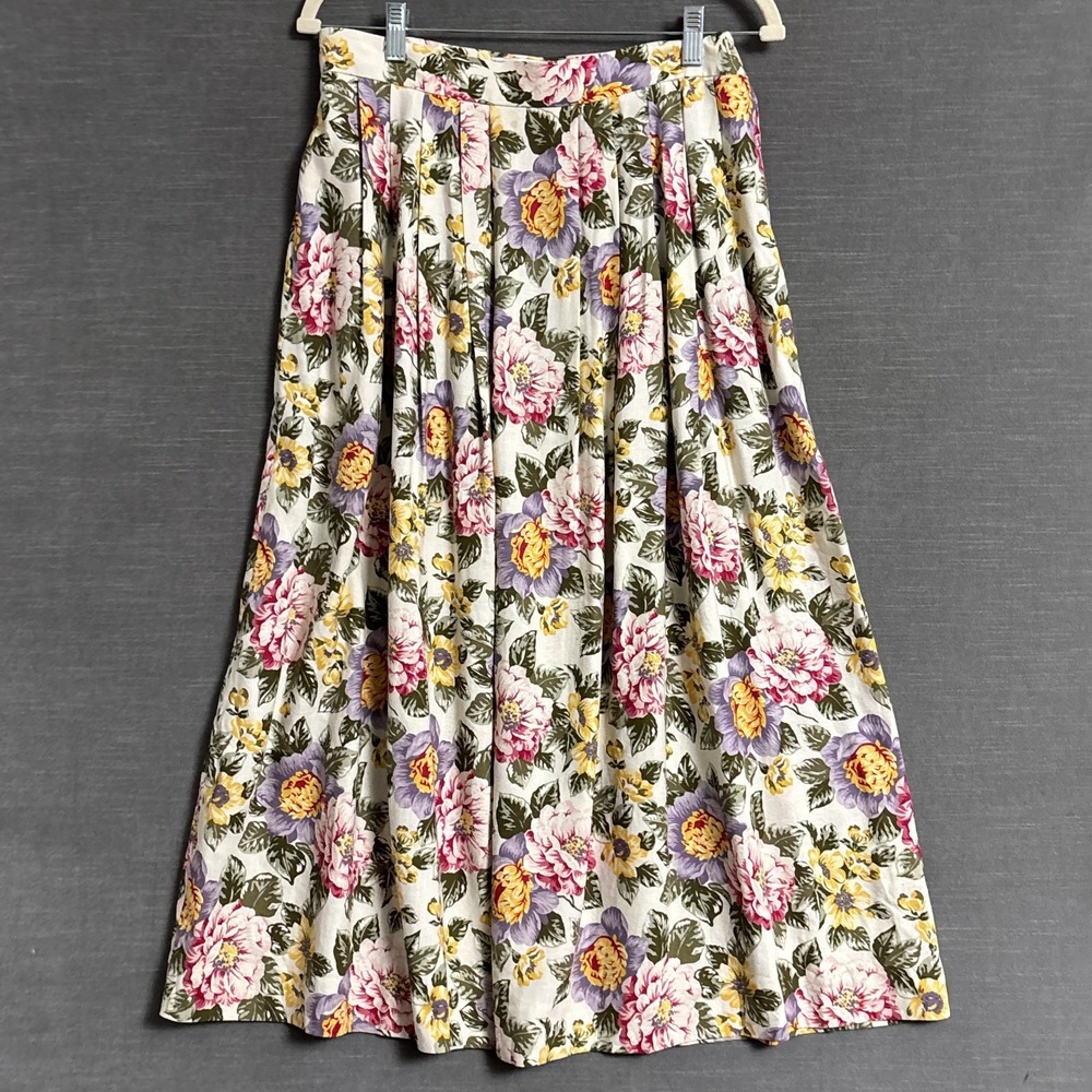 Vintage JH Collectibles Skirt 14 Yellow Pink Floral Linen Rayon Pleated 80s 90s